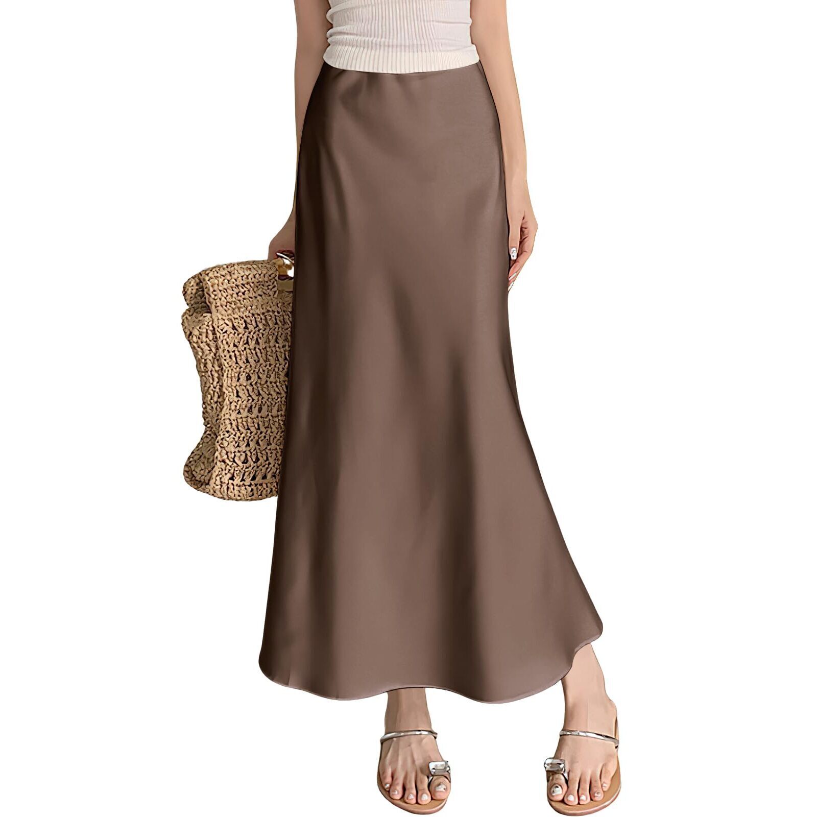 1011 Elegant Long Satin Skirt Silk Dressy Hidden Elastic Waist Flared